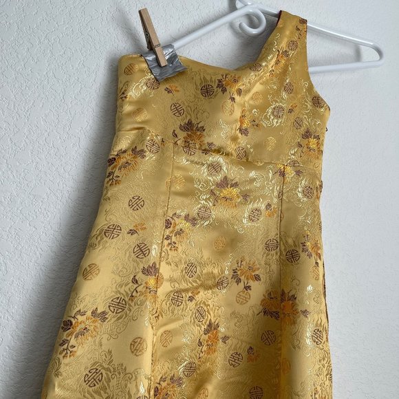 One Shoulder Formal Gown, Gold and Maroon Metallic Floral Brocade, Size 1/3 - Picture 12 of 15